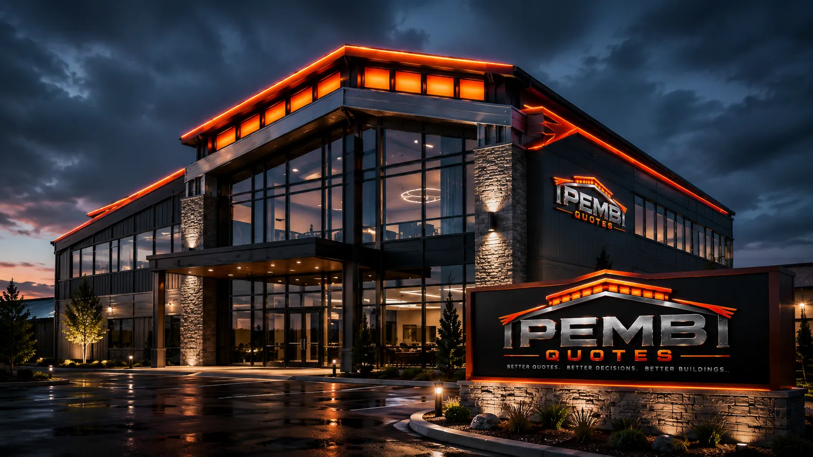 Illuminated commercial metal building at dusk